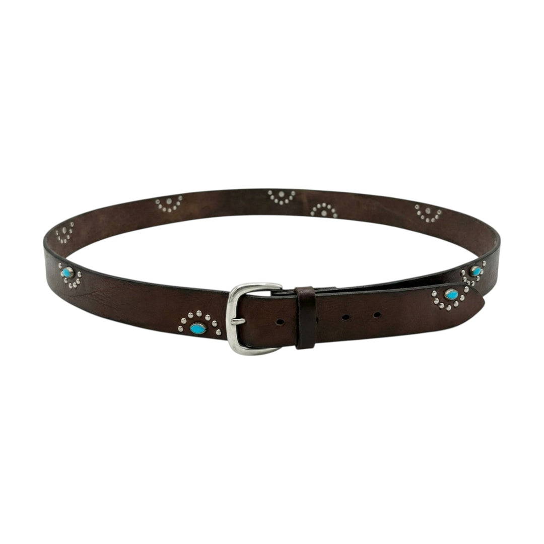 AITO NAHKAVYÖ NIITEILLÄ JA TURKOOSEILLA TUMMANRUSKEA