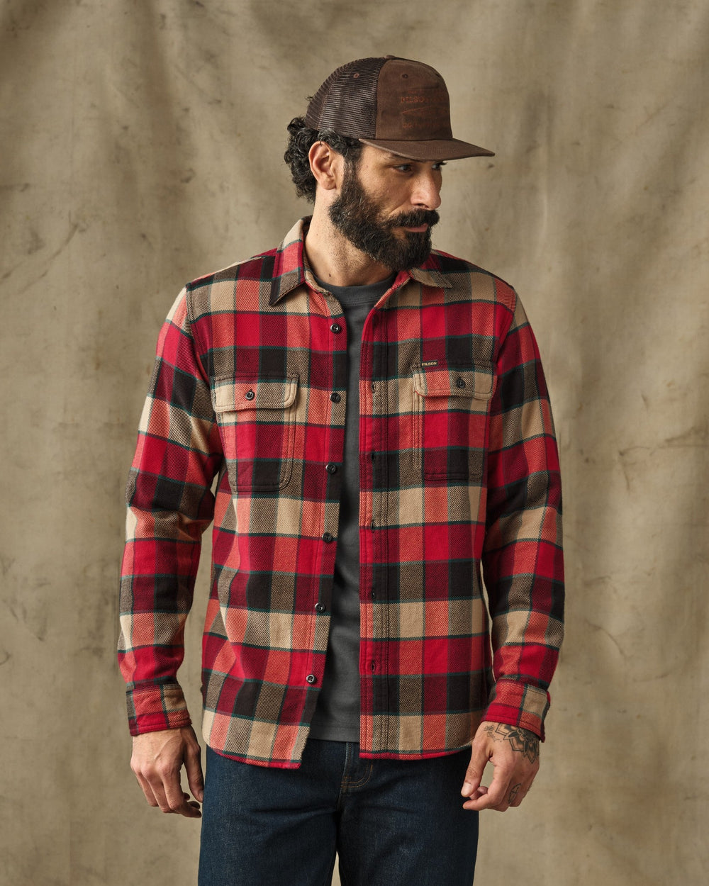 Filson Vintage Flannel Work Shirt Red/Cream Plaid Rosso - foto 1
